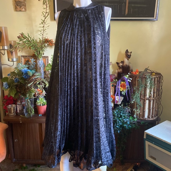 Vintage ladies black lace trapeze tent a line flowing mod gothic pleated dress - Picture 3 of 13